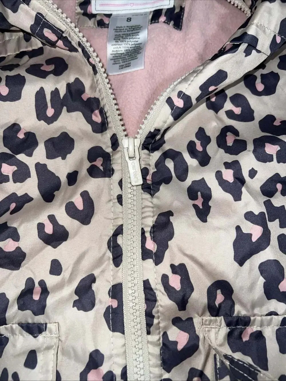Carter's Girl's Size 8 Fleece Lined Coat Hooded, Zip Up Leopard Print Pink